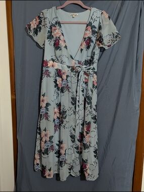 Light Blue Floral Wrap Midi Dress